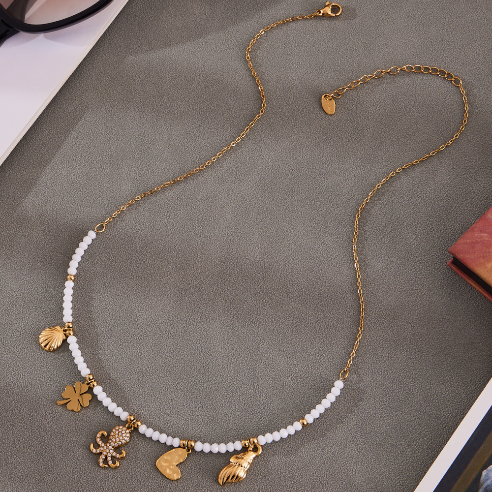 Stainless Steel Multi-Color Beads Necklace DIY Octopus Zircon Shell Heart Pendant Clavicle Chain Luxury Jewelry Accessories