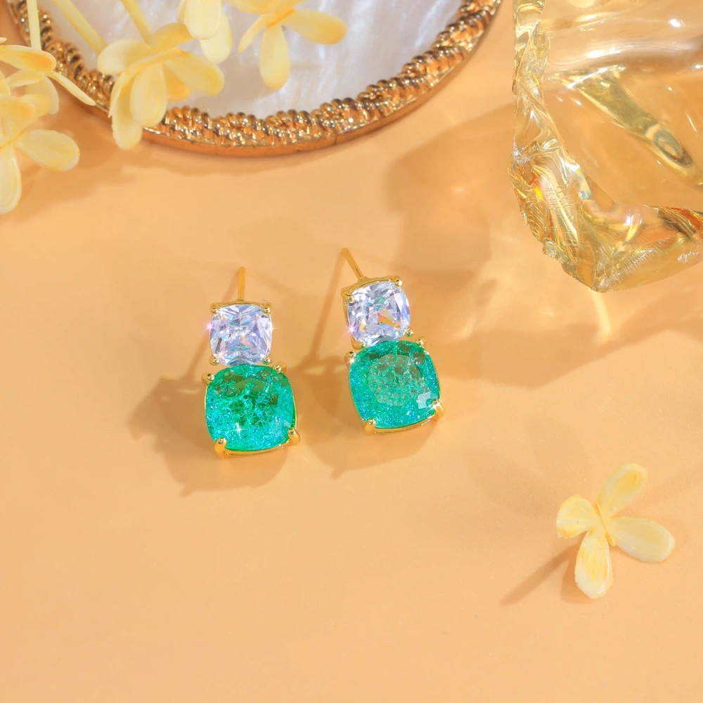 Copper Style Stud Earrings Dazzling White Green Crushed Ice Color Cubic Zirconia Crystal Square Dangle Earrings Fashion Women Party Jewelry Accessories