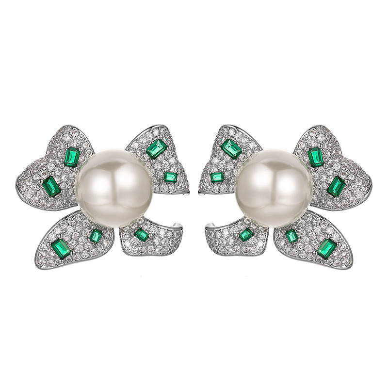 Green Butterfly Knot Pearl Necklace Earrings Set Women's Fashion High-End Lightweight Luxury Engraved Jewelry Accessories