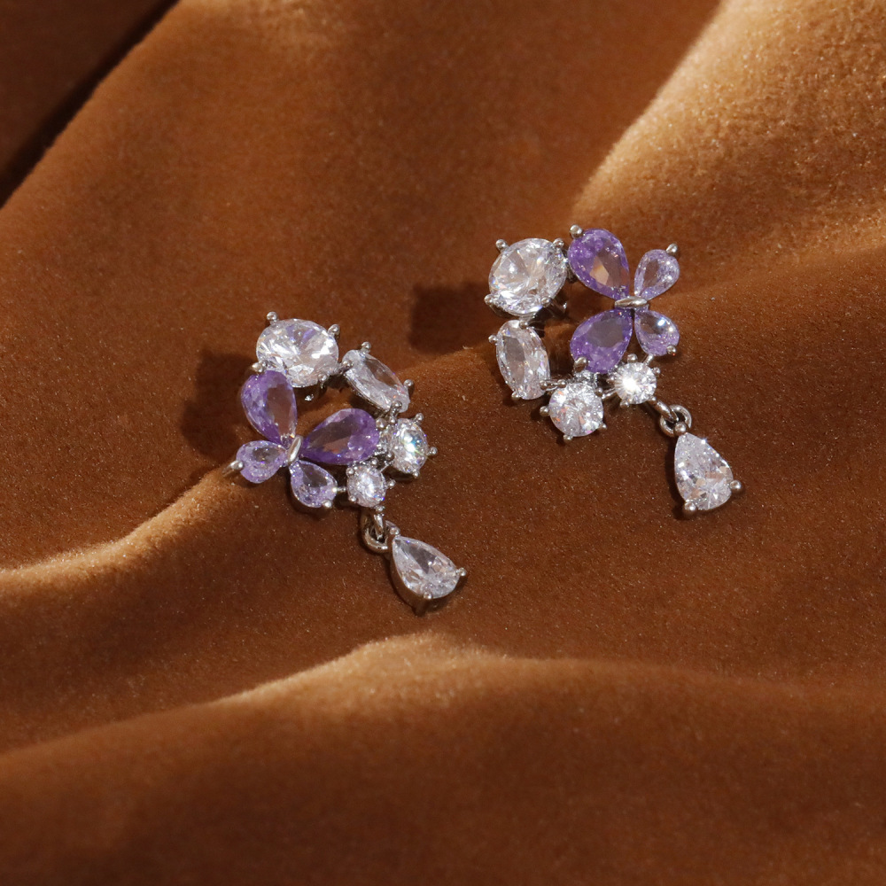 French Romantic Purple Flower Women's Earrings Ultra Sparkling Luxury Zircon Studs Versatile Fashion Jewelry Accessories