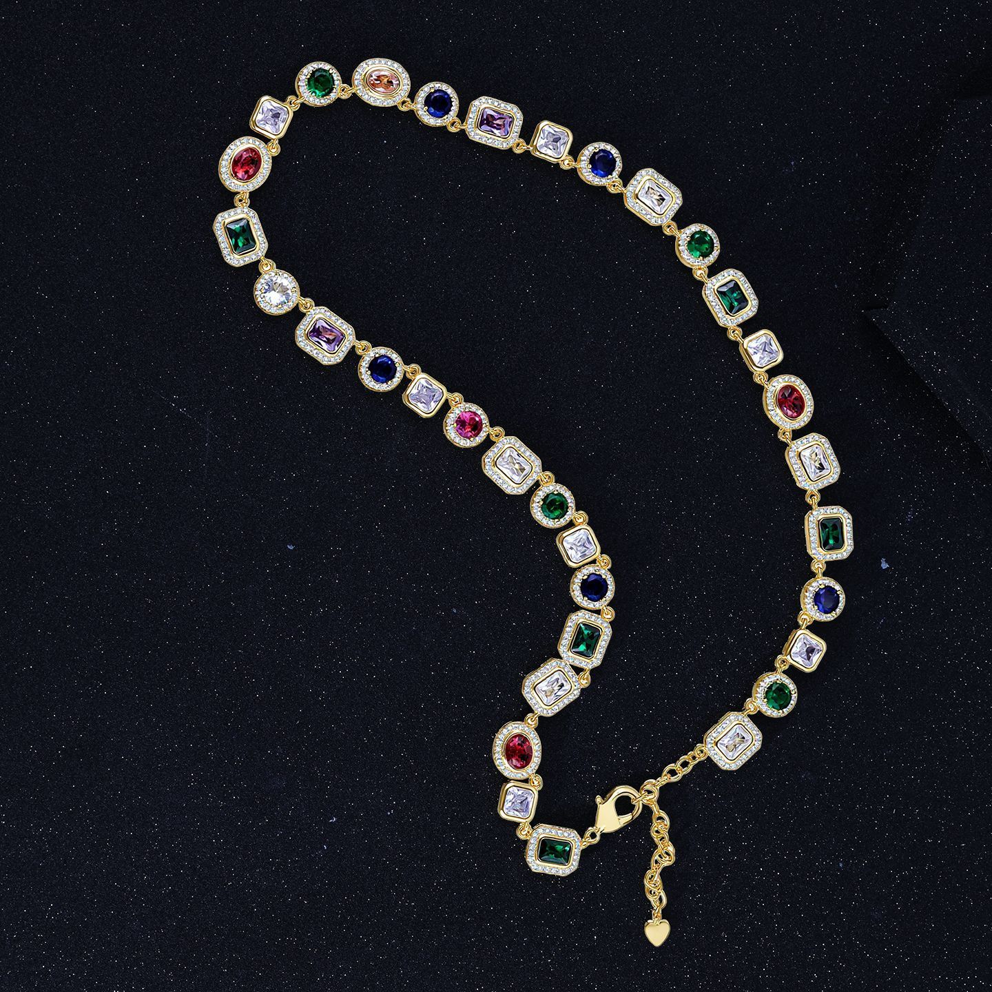 Cool Men's Cuban Link Necklace Trendy Hip Hop Style Colorful Heart Rhinestone Chain Fashionable Geometric Pattern Unisex Jewelry
