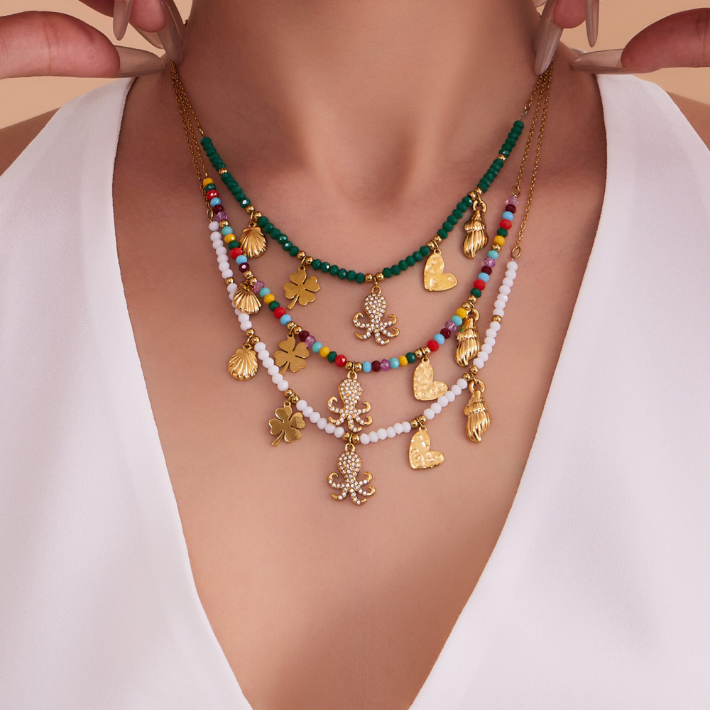Stainless Steel Multi-Color Beads Necklace DIY Octopus Zircon Shell Heart Pendant Clavicle Chain Luxury Jewelry Accessories