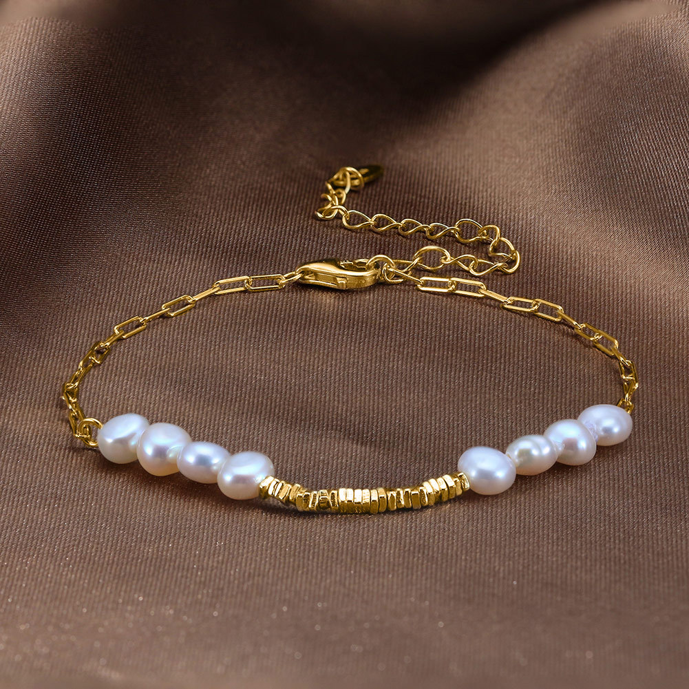 Freshwater Pearl Sterling Silver Geometric Plated Freshwater Pearl Chain Elegant Simple Style Classic Style Plating Bracelets