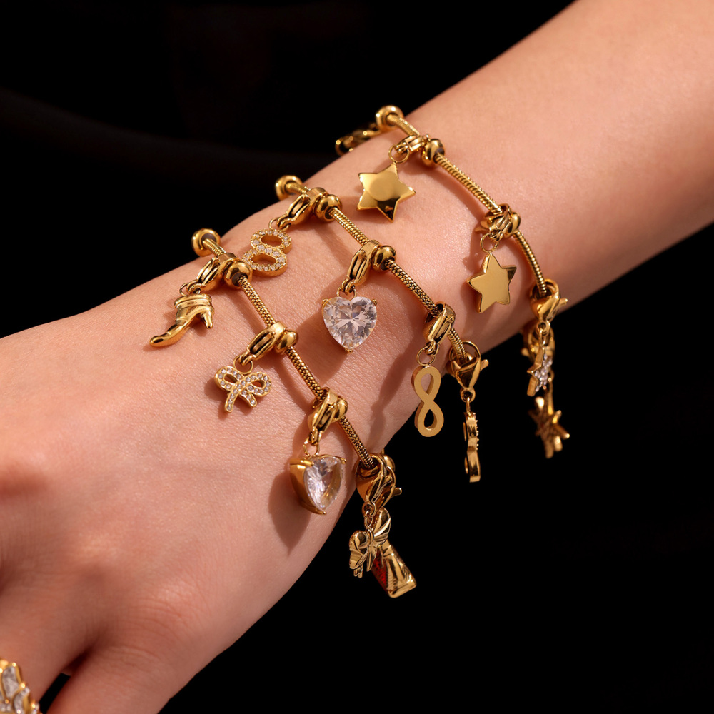 Full Drill 5A Zircon Heart Shaped Butterfly Knot High Heel Shoe Charms Stainless Steel 18K Gold Plated DIY Bracelet Accessories