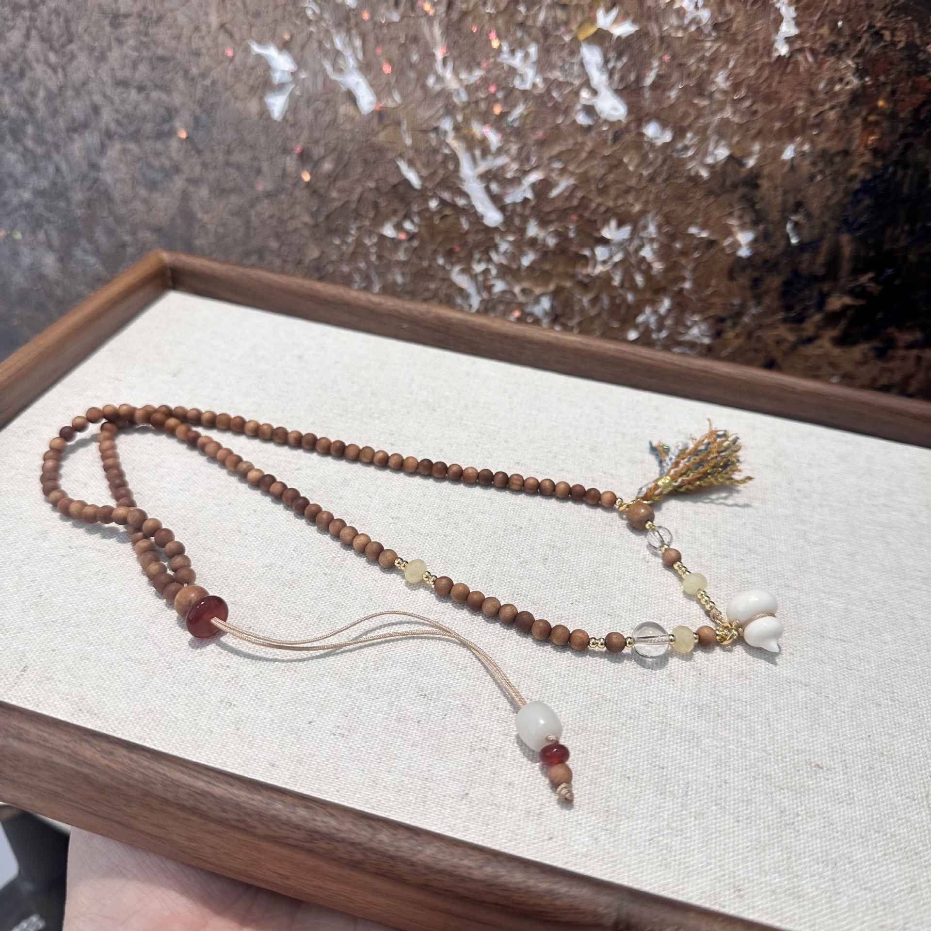 New Chinese Style Long Necklace With White Crystal Camel Bone Ivory Gourd Sandalwood Accessories Drawstring Design For Cheongsam