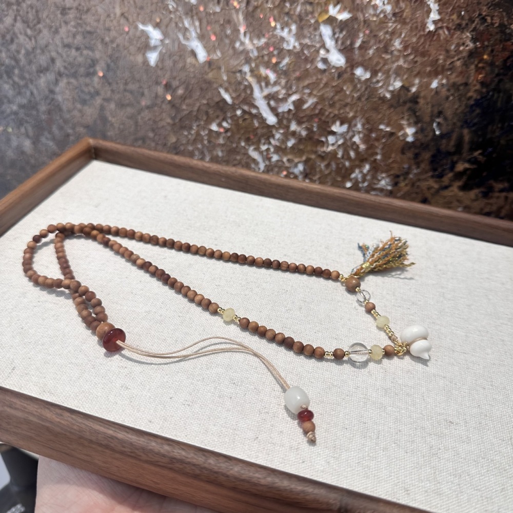 New Chinese Style Long Necklace With White Crystal Camel Bone Ivory Gourd Sandalwood Accessories Drawstring Design For Cheongsam