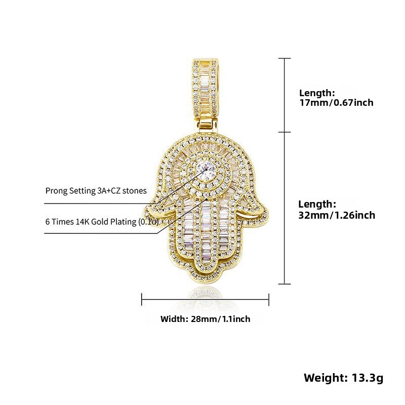 Vintage Fatima Hand Pendant Necklace For Men Black Zircon Copper Material Jewelry Accessories