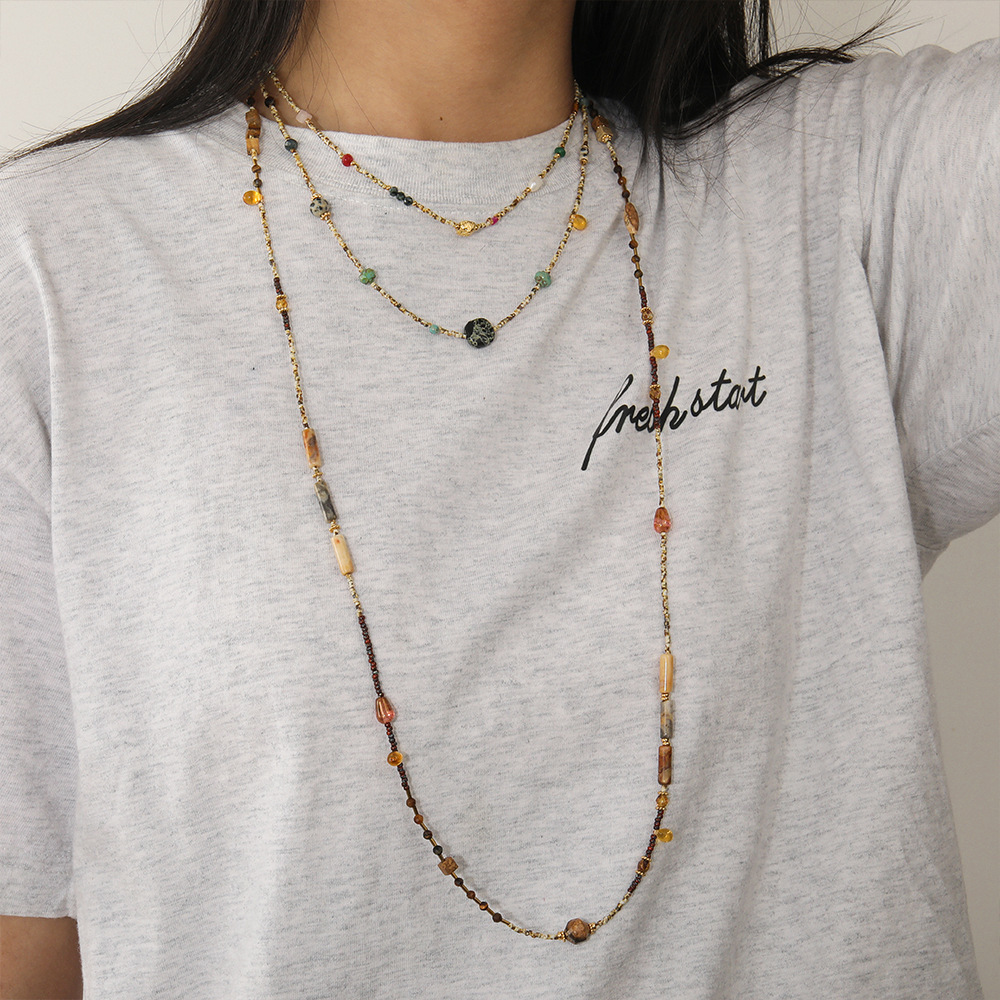 Ins Style Natural Stone Beaded Necklace Non-fading Sweater Chain Women's Vintage Accessories Autumn Winter Tiger Eye Stone Jewelry