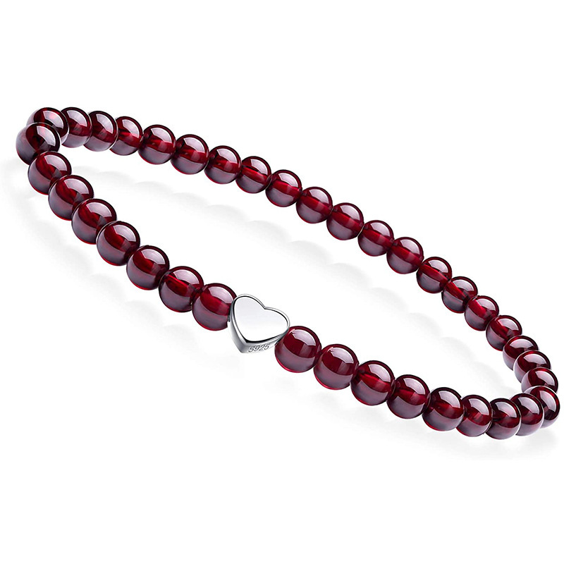 S925 Silver Heart Shaped Love DIY Bracelet Round Beads Jewelry Accessories Wine Red Agate Geometric Pattern Fashion Unisex
