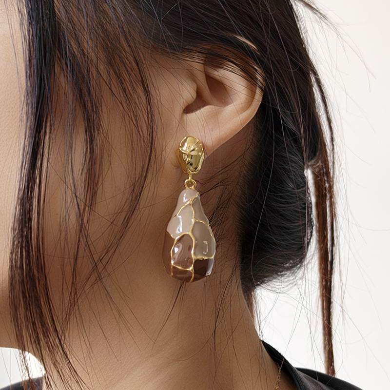 Fashionable Vintage Striped Drip Glaze Earrings For Women French Style Cracked Pattern Puzzle Drop Earrings Water Pattern Accessories