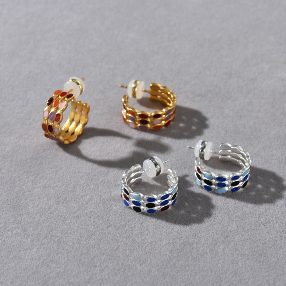 Elegant Hollow Out C-Shaped Drip Glaze S925 Silver Needle Stud Earrings Retro Unique Fashion Women's Jewelry Accessories