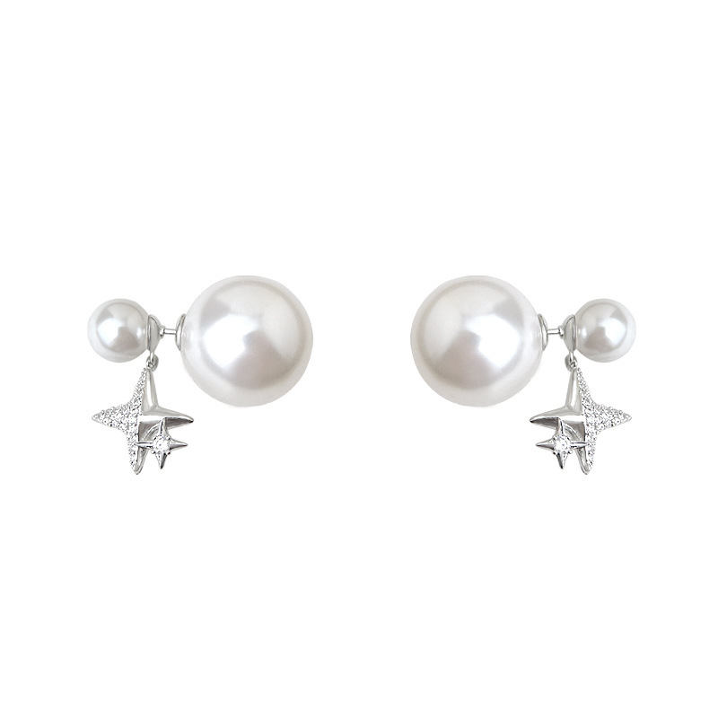 Elegant Pearl Zirconium Ear Studs Original Double Wear True Gold Plated Starburst Fashionable Feminine Jewelry Accessories