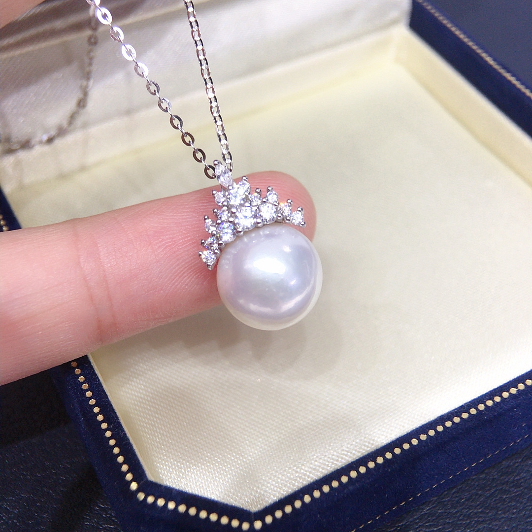 Natural Freshwater Pearl Necklace Single Bead Perfect Round Aurora Pearl Pendant S925 Sterling Silver Clavicle Chain Women's Style White