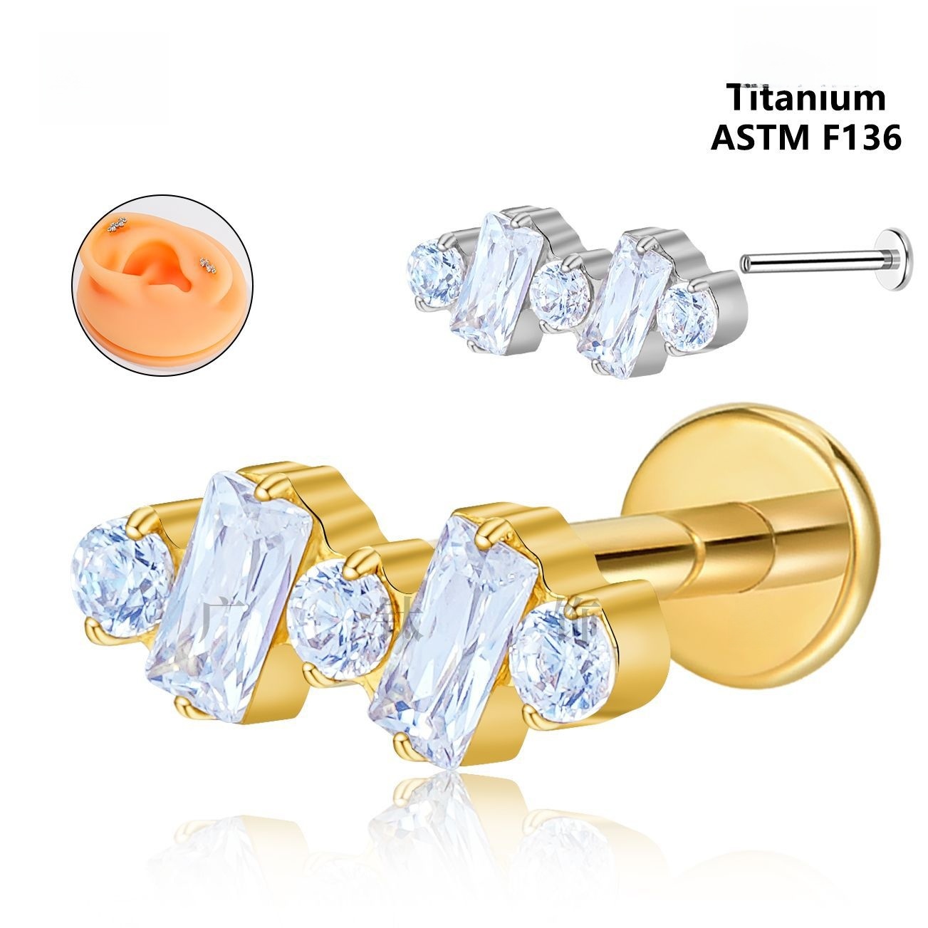 Titanium Alloy F136 Round And Square Diamond Stud Earrings G23 Women Piercing Tongue Lip Ring Geometric Pattern Wedding Birthday