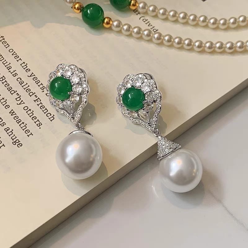 Natural Green Agate Pearl Drop Earrings Women's Luxury Unique Design High-End Sensation Court Style Jewelry Accessories
