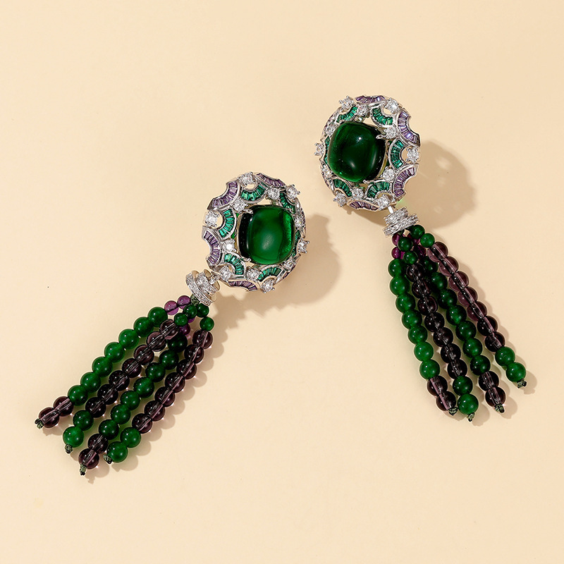 Retro Chinese Style Tassel Earrings 18K Gold Plated Emerald Handmade Beaded Fashion Personality Women's Jewelry Accessories
