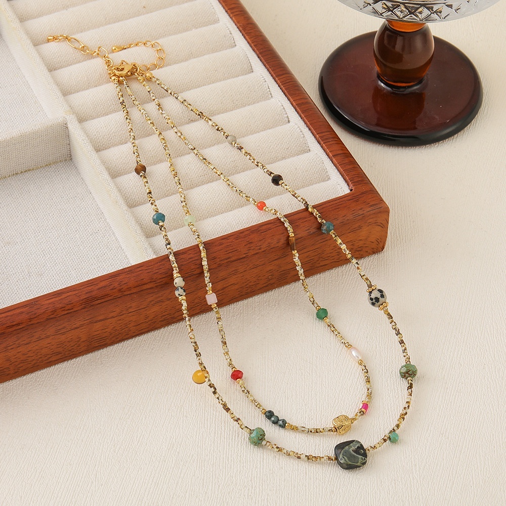 Ins Style Natural Stone Beaded Necklace Non-fading Sweater Chain Women's Vintage Accessories Autumn Winter Tiger Eye Stone Jewelry