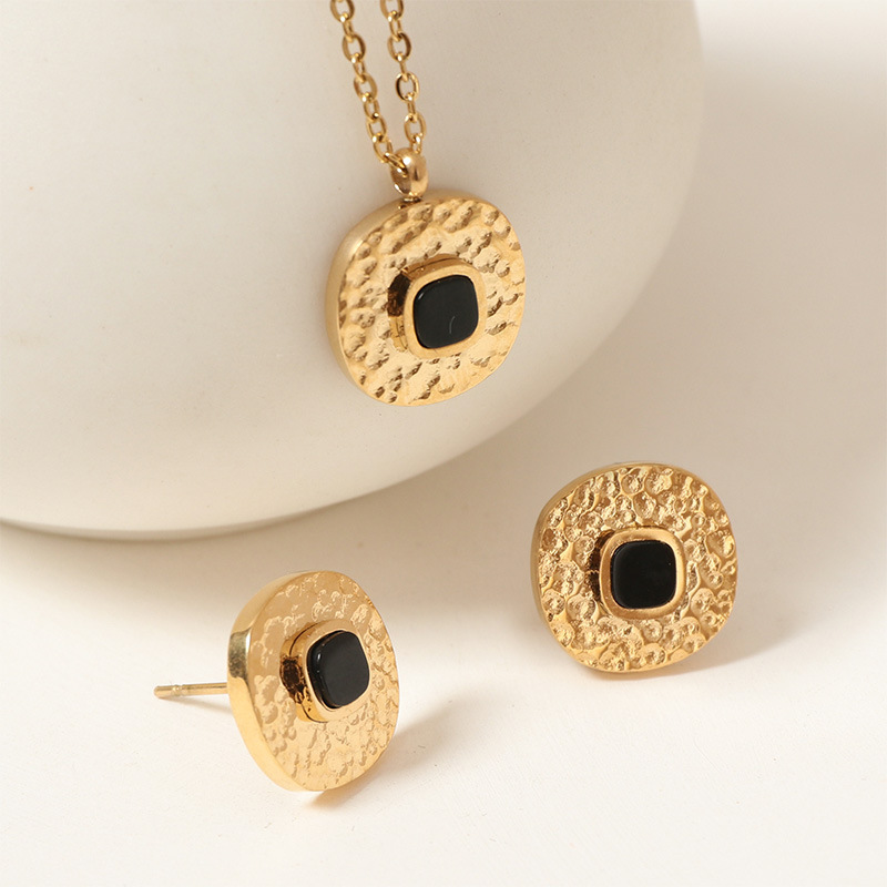 Natural Stone Jewelry Set Hammered Square Earrings For Women Summer High-end Non-fading Accessories Stainless Steel Material