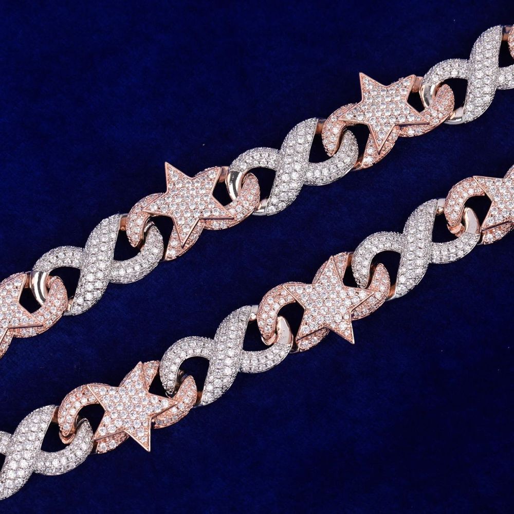 Double Color Cuban Chain Necklace With Zircon Inlayed Copper Star Eye Lockbone Chain Hip Hop Style Unisex Jewelry Accessory