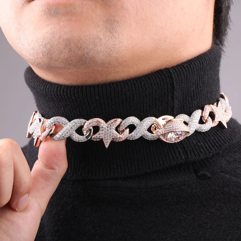 Double Color Cuban Chain Necklace With Zircon Inlayed Copper Star Eye Lockbone Chain Hip Hop Style Unisex Jewelry Accessory