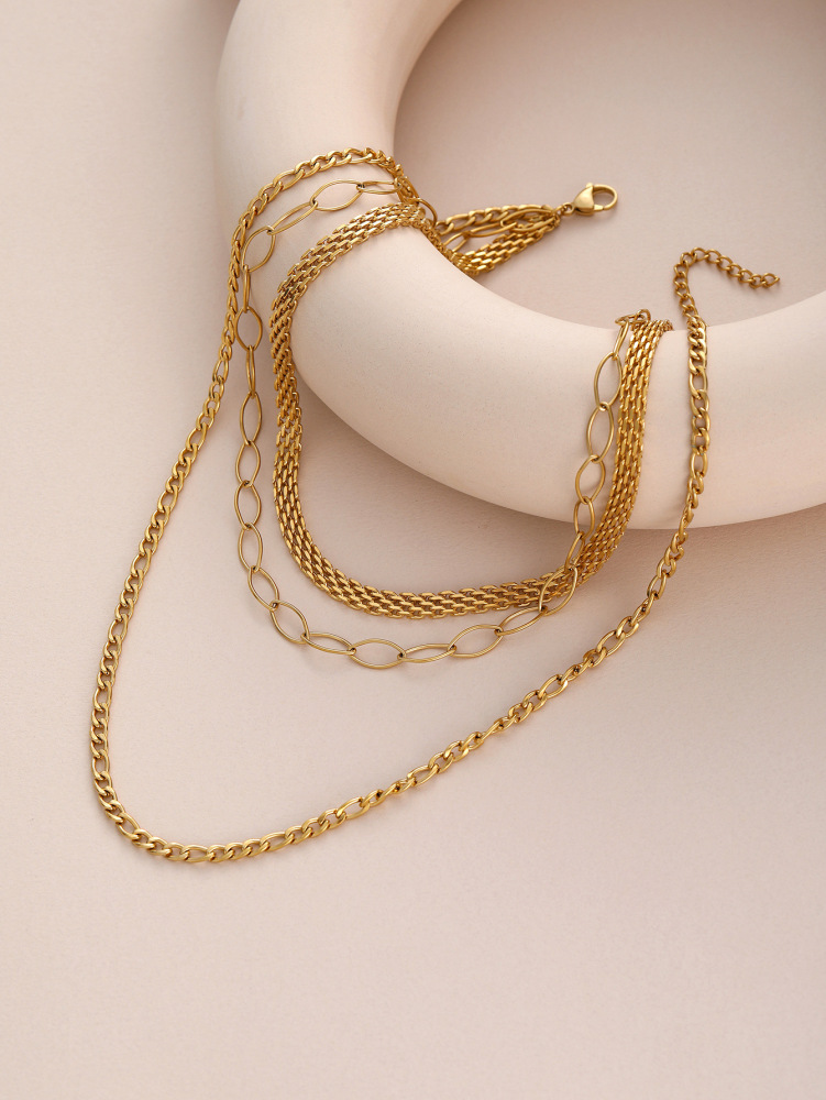 Multi-layer Flat Chain Necklace Gold Plated Stainless Steel Non-fading Geometric Women Jewelry Accessories