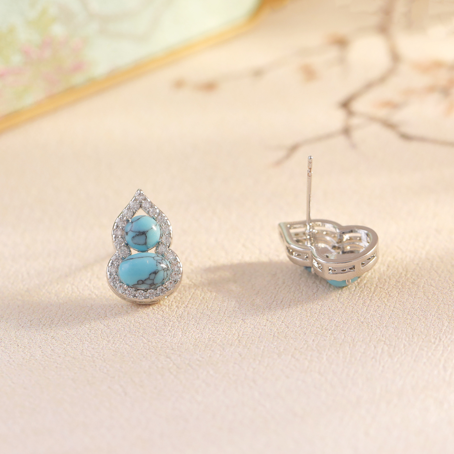 New Chinese Style Green Turquoise Gourd Earrings Bohemian Print Copper Jewelry 925 Silver Post Unique Design Women's Fashion