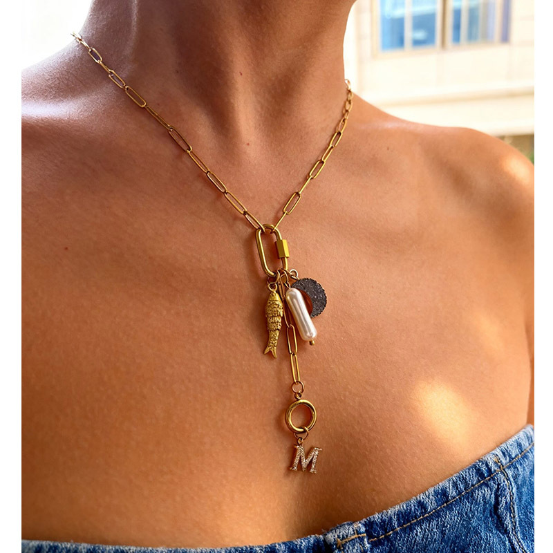 Women's 26 Letters 18K Gold Plated 304 Stainless Steel Vacuum Electroplated Waterproof Non-Fading Pearl Moon Fish Tassel Hypoallergenic Y-Chain Collarbone Chain Paperclip Chain Accessories Simple Style