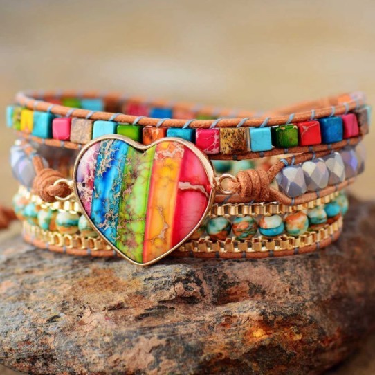 Romantic 7-Color Emperor Stone Leather Wrapped Bracelet Mixed Stones Heart Shape 3-Way Wound Classic Bohemian Style Jewelry