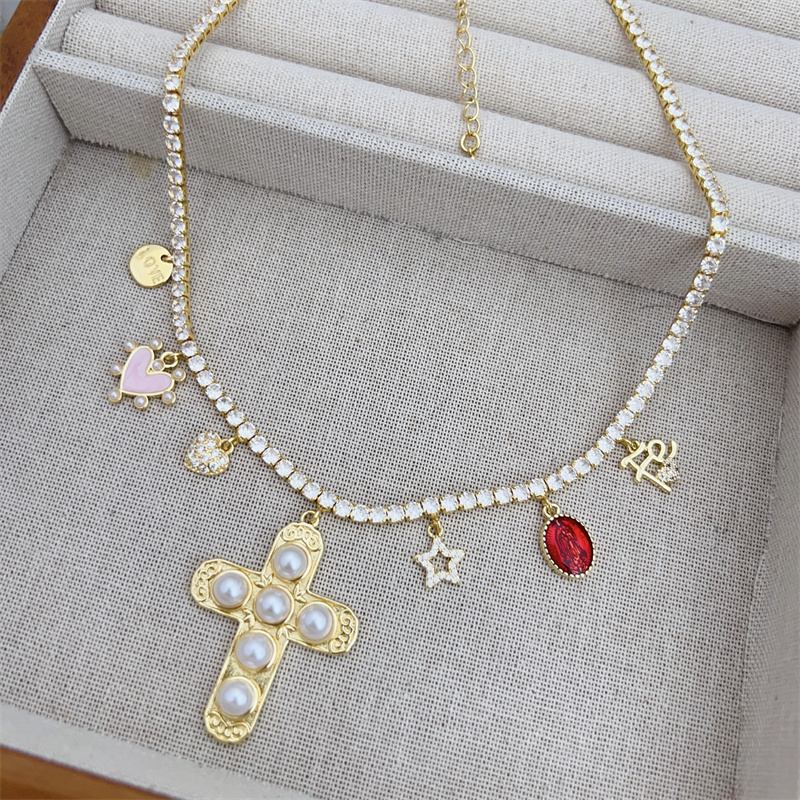 18K Gold Plated Handmade Double Pendant Cross Multi Pendant Necklace Classic Simple Style Daily Wear Gift Copper Pendant Lobster Clasp