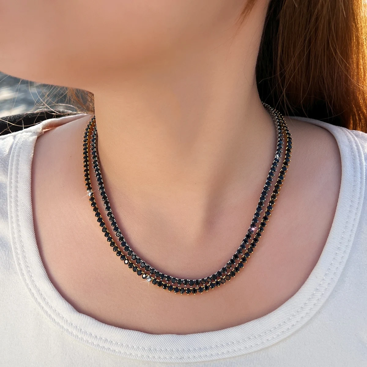 Rhodium Plated Copper Water Plated Zircon Geometric Pattern (Jewelry) Waterproof Non-Fading Tennis Chain (Full Diamond Chain) Necklace For Women With Butterfly Clasp