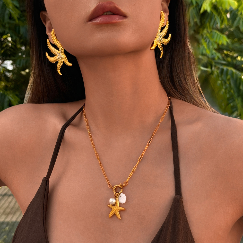 Tropical Starfish Zircon Titanium Plated Steel Earrings Simple Geometric Pattern Elegant Women's Fashion Jewelry Accessories