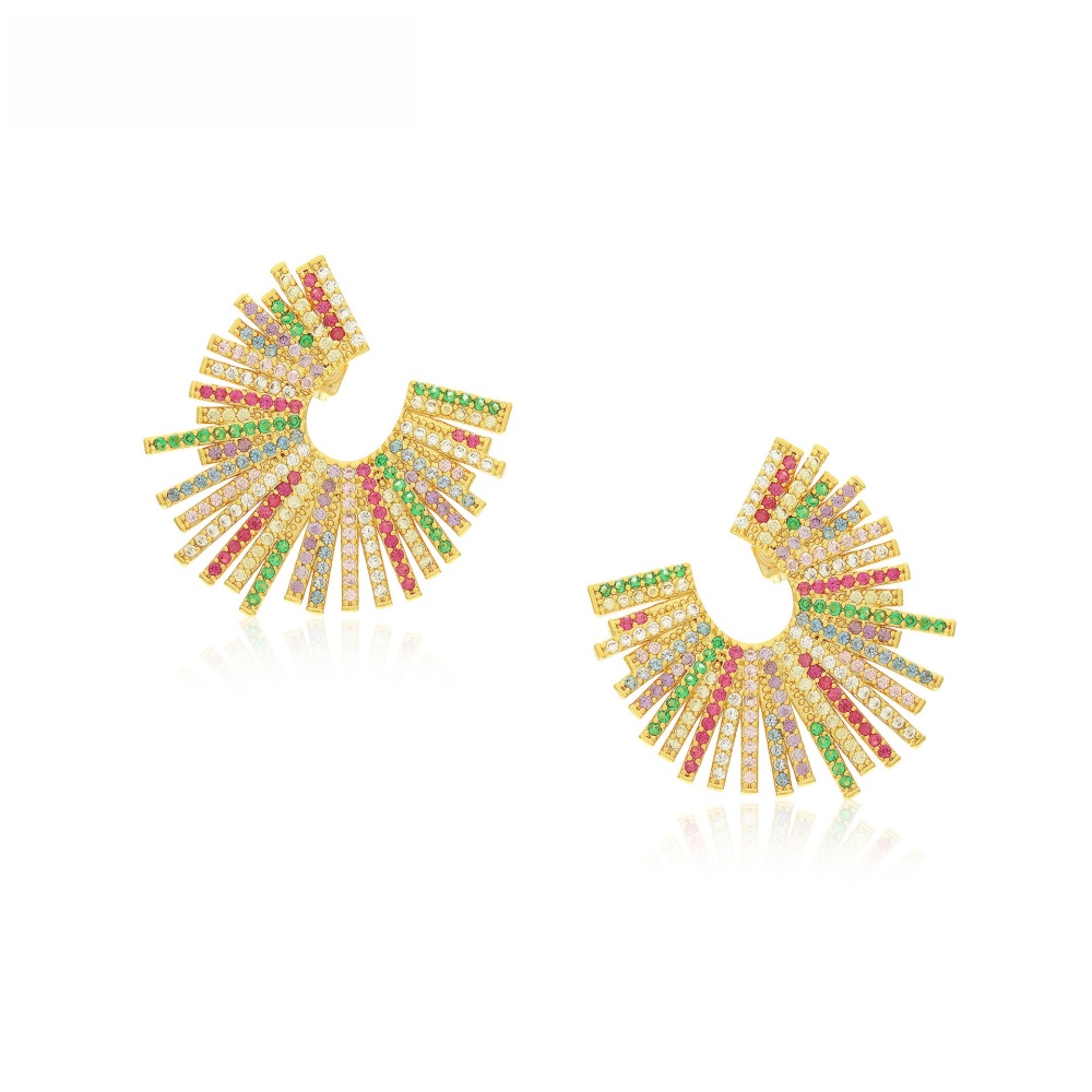 Exaggerated Geometric Mixed Color Zircon Inlaid Gold Plated Earrings Fashionable Personality U-Shaped Jewelry Accessories