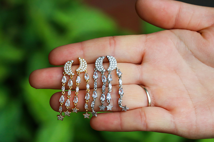 Korean Long Star And Moon Earrings Personality Tassel Copper Earrings