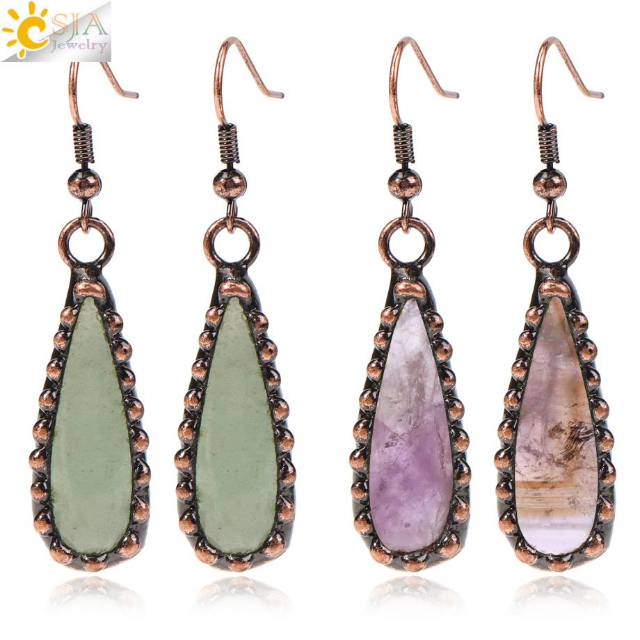 Retro  Natural Crystal Waterdrop Earrings Long East Ling Gold Sand Green Drop Ear Jewelry Accessories