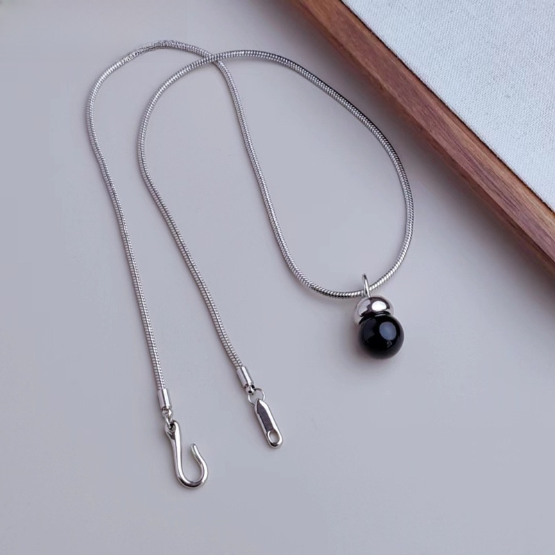 Snake Bone Chain Necklace With Natural Black Agate Pendant For Women Winter Accessories Sweater Chain