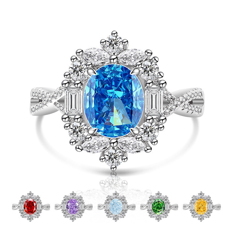 Luxurious High Carbon Diamond 7x9 Pigeon Egg Ice Flower Cut Plated Platinum Ring Fashion Geometric Pattern Live Direct Sale