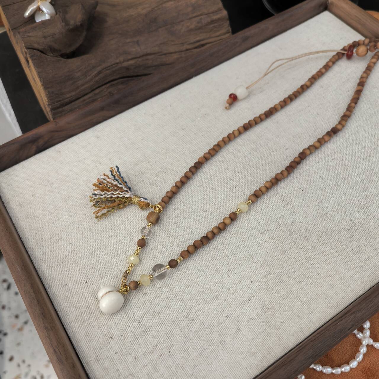 New Chinese Style Long Necklace With White Crystal Camel Bone Ivory Gourd Sandalwood Accessories Drawstring Design For Cheongsam