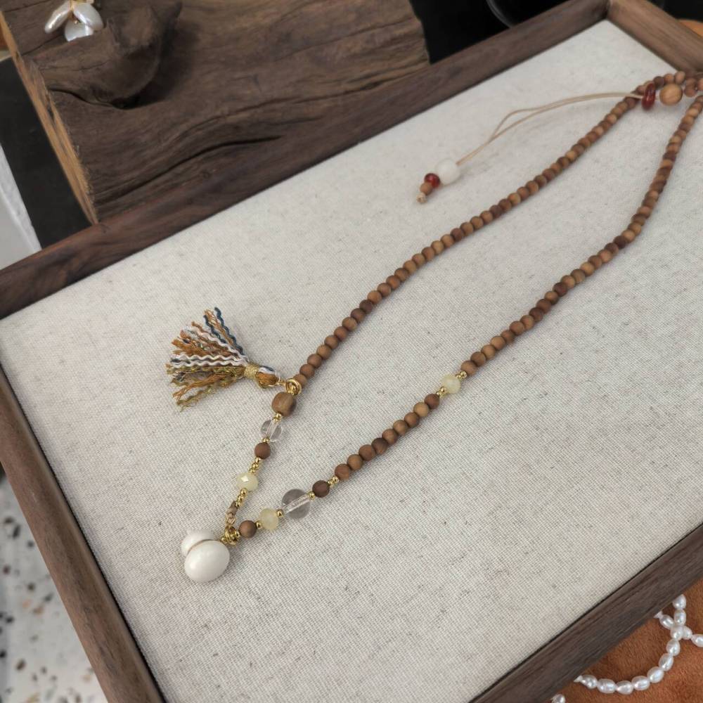 New Chinese Style Long Necklace With White Crystal Camel Bone Ivory Gourd Sandalwood Accessories Drawstring Design For Cheongsam
