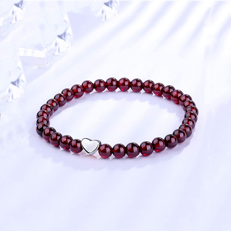 S925 Silver Heart Shaped Love DIY Bracelet Round Beads Jewelry Accessories Wine Red Agate Geometric Pattern Fashion Unisex