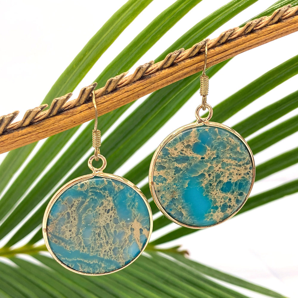 Natural Stone Tiger Eye Lazurite Pendant 26mm Round Edge Drop Earrings DIY Jewelry Accessories Women's Geometric Pattern