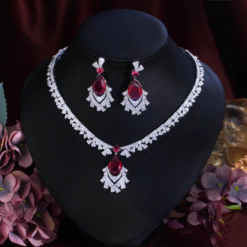 2-Piece Copper Jewelry Set Luxurious Red And White Cubic Zirconia Necklace And Earrings Set For Women Bride Elegant Wedding Banquet Jewelry Set