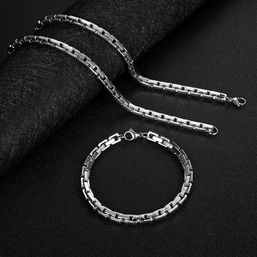 304 Stainless Steel Men's Accessories Four-Sided Embossed Square Tooth Pattern Spliced Tassel Necklace Simple Design Vintage Men's Trend