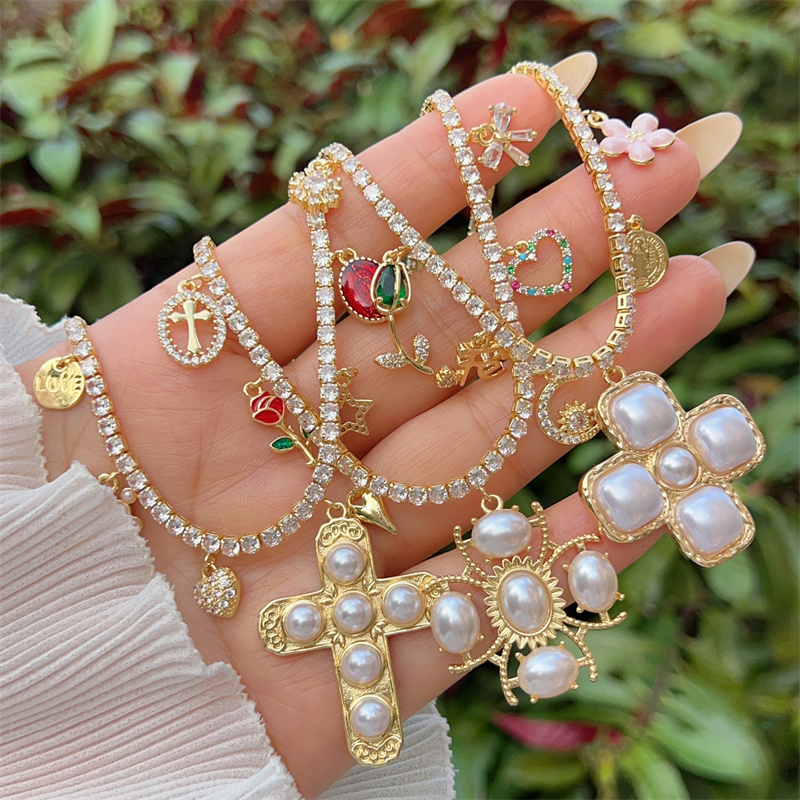 18K Gold Plated Handmade Double Pendant Cross Multi Pendant Necklace Classic Simple Style Daily Wear Gift Copper Pendant Lobster Clasp