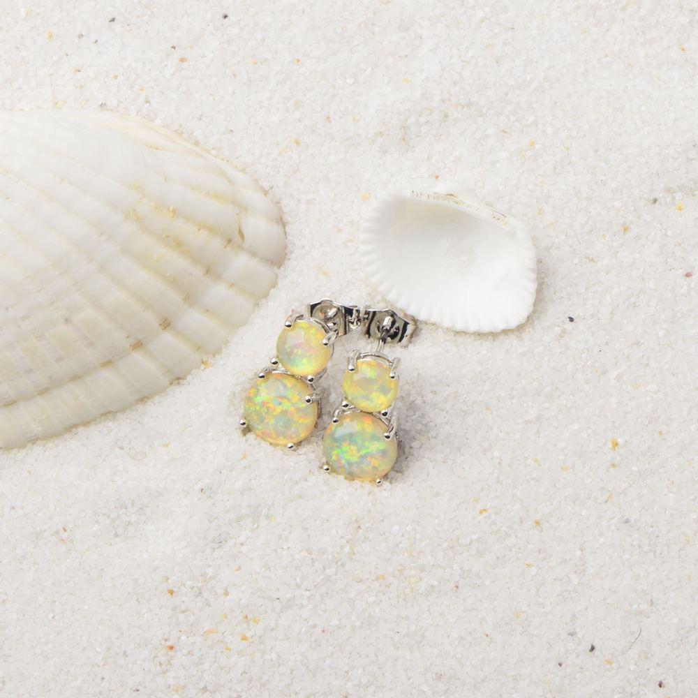 Cute Girl's Blue Opal Round Earrings Bohemian Style Flower Print Copper Jewelry Simple Craftsmanship Elegant Fashion Accessories