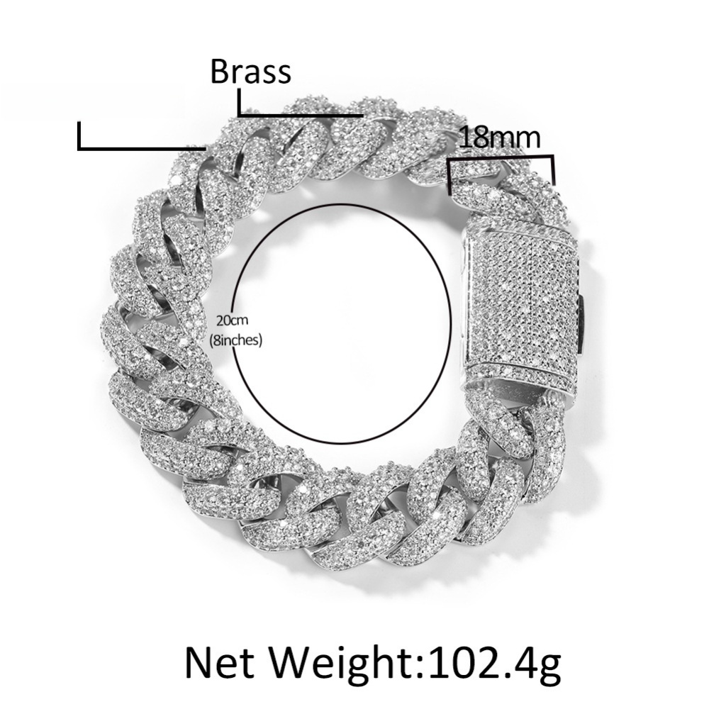 Men's Hip-Hop Bracelet High-End Texture Copper Inlaid Zirconia Gold-Plated Geometric Pattern Silver 18mm Cuban Chain Jewelry Box Clasp Personality