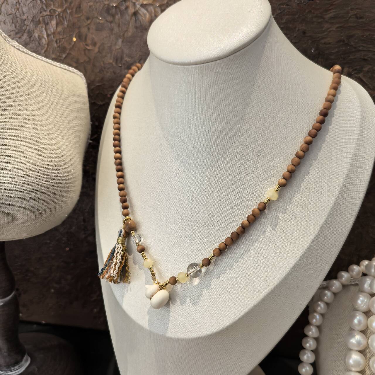 New Chinese Style Long Necklace With White Crystal Camel Bone Ivory Gourd Sandalwood Accessories Drawstring Design For Cheongsam