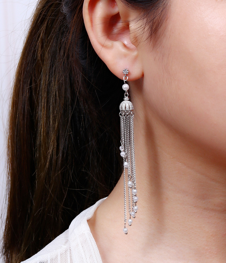 Long Tassel Pearl Crown Earrings Women's Accessories Multi-functional Copper Material Rose Gold Plated Minimalist