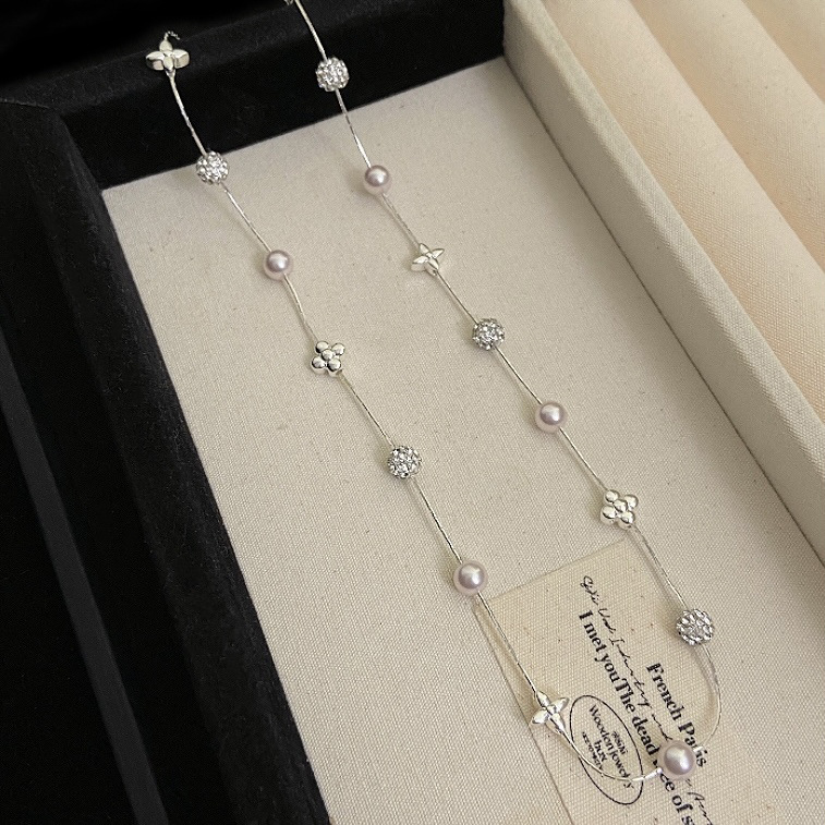 Manta Rose Pearl Flash Diamond Ball Four Leaf Flower French Waist Necklace Women's Layering Versatile Clavicle Chain Geometric Pattern Copper