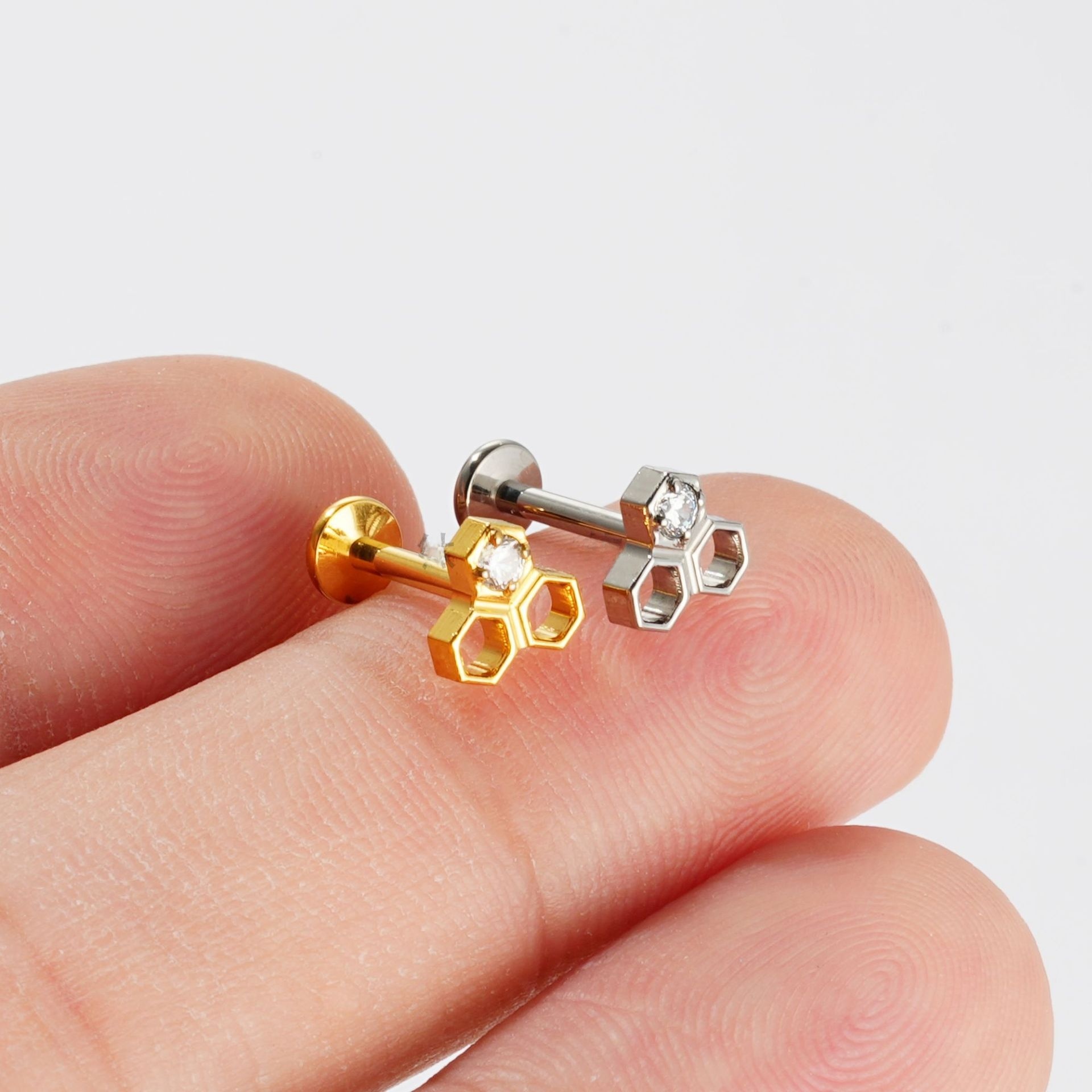 Titanium Alloy Hexagonal Honeycomb Earrings Body Piercing Lip Tongue Jewelry Women's Fashion Simple Style Geometric Pattern