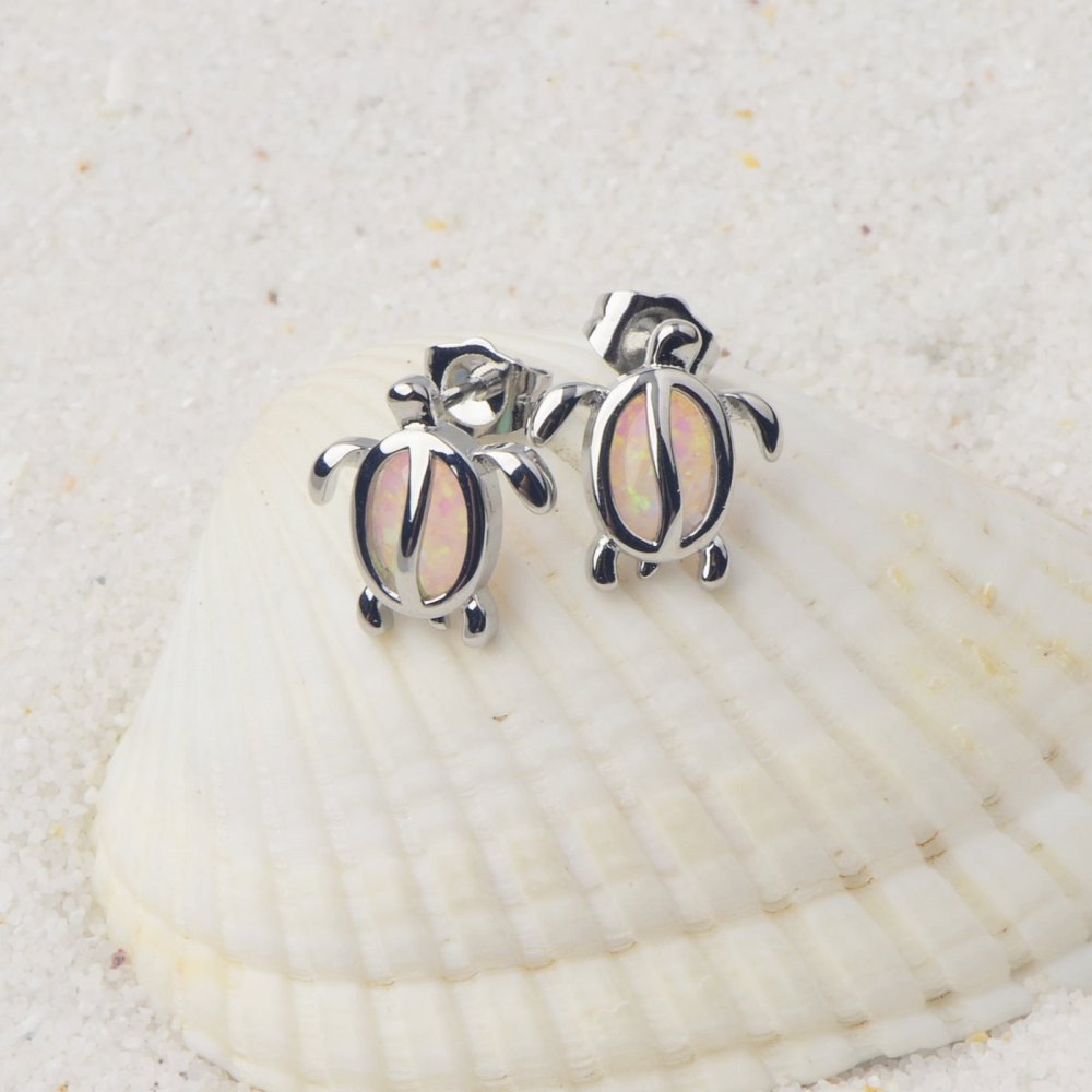 Adorable Pink Opal Turtle Earrings For Girls Trendy Geometric Pattern Holiday Style Copper Jewelry Accessories